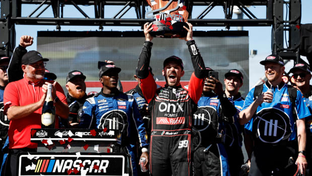 Daniel Suarez celebrates in victory lane after winning the 2022 Toyota/Save Mart 350 at Sonoma Raceway. (Photo by Chris Graythen/Getty Images)